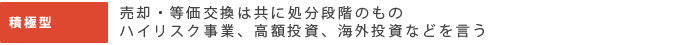 積極型　売却・等価交換は共に処分段階のもの
ハイリスク事業、高額投資、海外投資などを言う